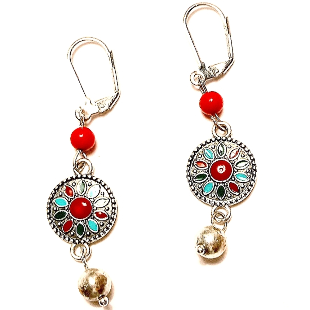 Hand Made Western Style Earrings Red Coral & Enamel
